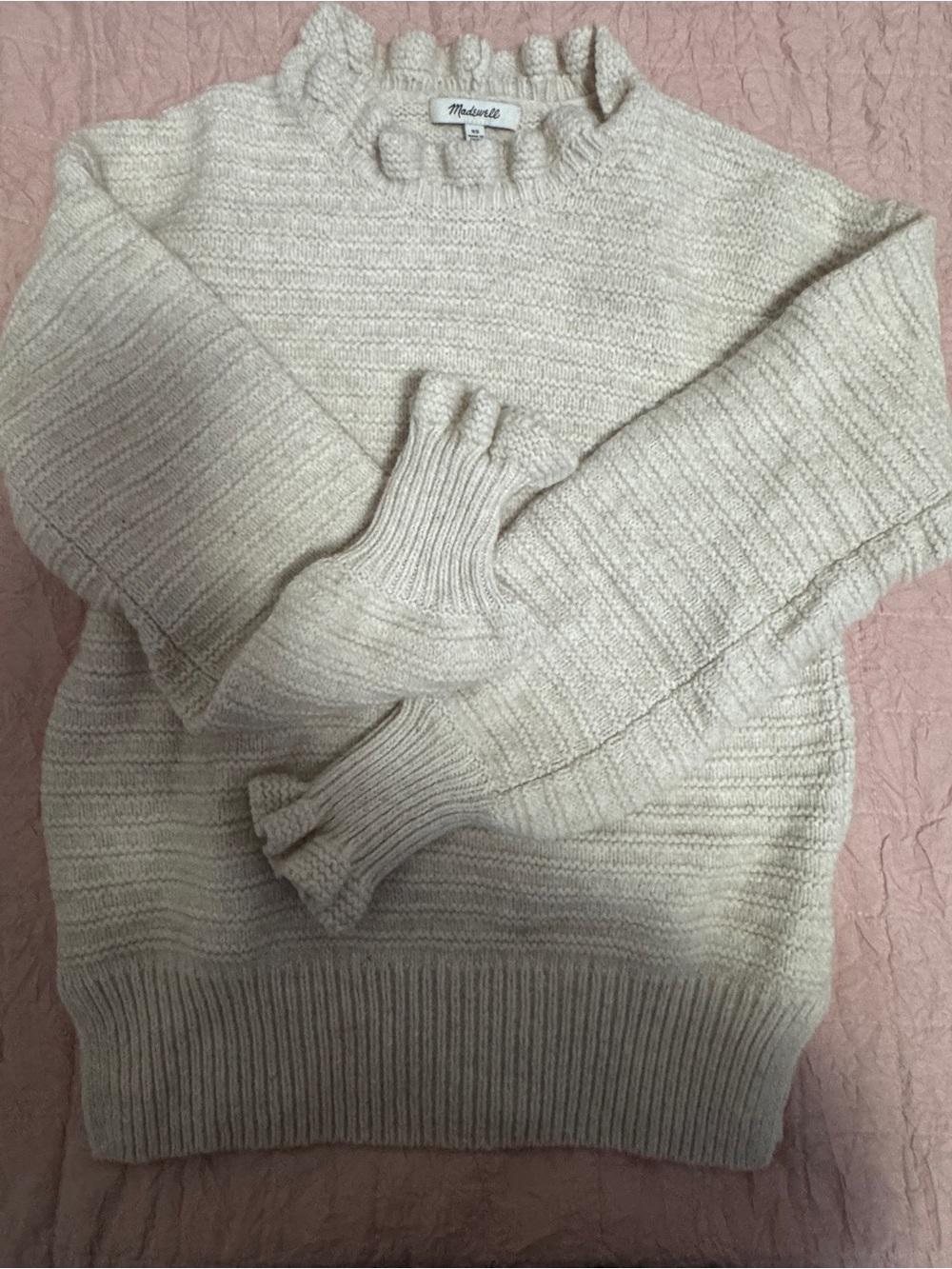 Madewell Cream Ruffle-Neck Textured Knit Sweater